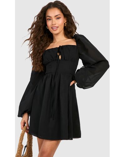 Boohoo Chiffon Blouson Sleeve Milkmaid Mini Dress - Black