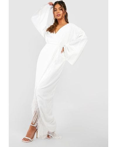 Boohoo Tassel Hem Wrap Maxi Dress - White