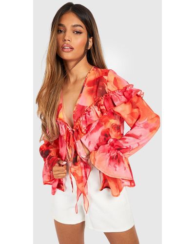 Boohoo Bloom Floral Ruffle Tie Detail Blouse - Red