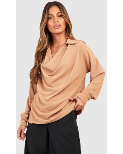 Boohoo Hammered Cowl Neck Blouse - Natural