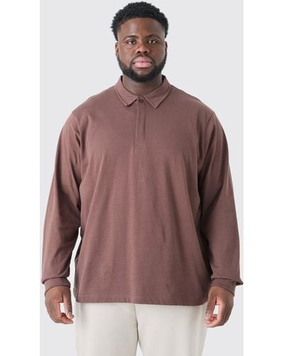 Boohoo Plus Core Heavy Carded Button Up Rugby Polo - Brown