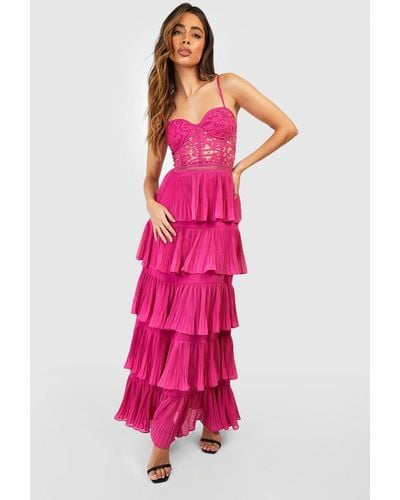 Boohoo Lace Corset Detail Pleated Maxi Dress - Pink