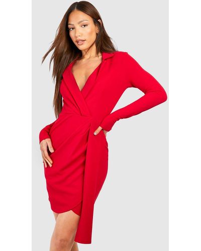 Boohoo Tall Crepe Long Sleeve Drape Blazer Dress - Red