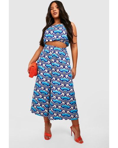 Boohoo Plus Printed Crop Top & Culottes Pants Two-piece - Blue