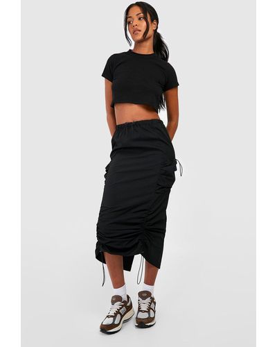 Boohoo Tall Cargo Pocket Drawstring Ruched Parachute Midaxi Skirt - Black