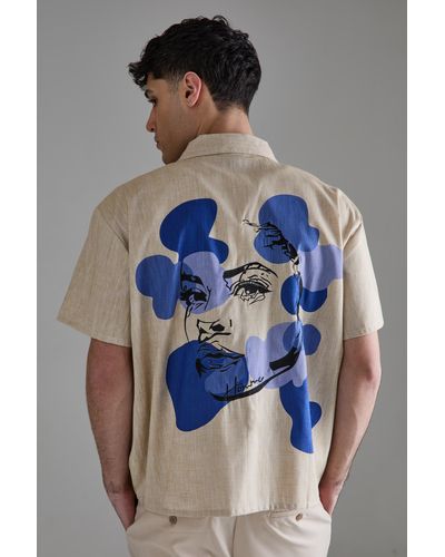 BoohooMAN Boxy Linen Back Embroidered Shirt - Blau