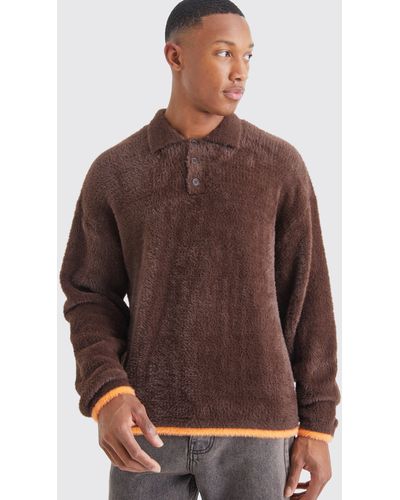 BoohooMAN Boxy Fluffy Knitted Polo With Tipping - Brown