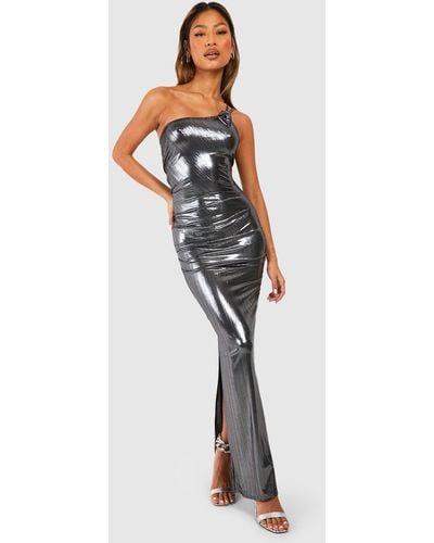 Boohoo Metallic Corsage Strappy Back Maxi Dress - Gray