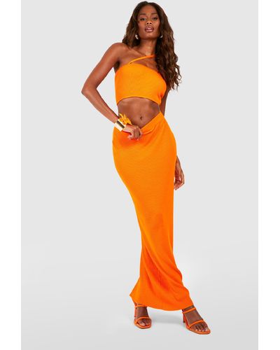 Boohoo Strappy Rib Knit Crop Top And Maxi Skirt Set - Orange