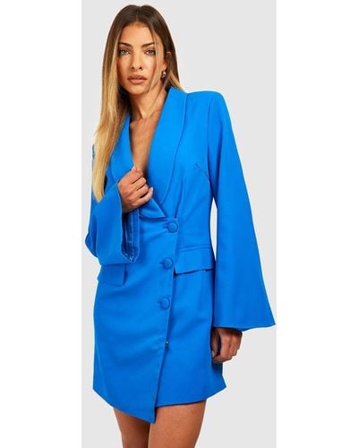 Boohoo Flared Sleeve Wrap Front Tailored Blazer Dress - Blue