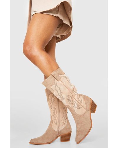 Boohoo Contrast Panel Detail Western Cowboy Boots - Natural