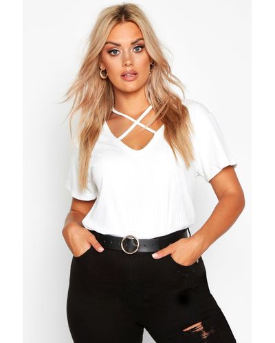 Boohoo Plus Cross Front Strap Ribbed T-shirt - White