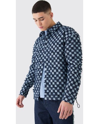 BoohooMAN Boxy Checkerboard Distressed Checked Overshirt - Blue