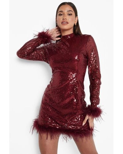 Boohoo Sequin High Neck Feather Hem Mini Party Dress - Red