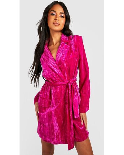 Boohoo Velvet Tie Waist Blazer Party Dress - Pink