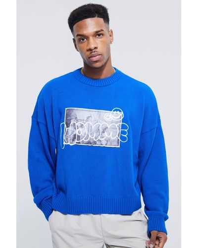 Boohoo Homme Embroidered Photo Badge Sweater - Blue