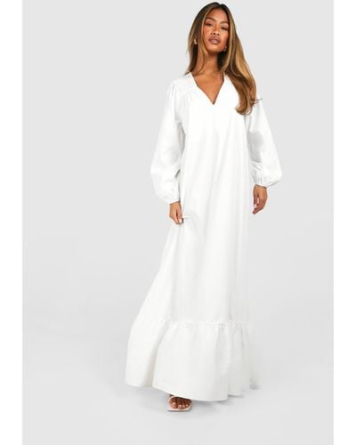 Boohoo Poplin Blouson Sleeve Trapeze Maxi Dress - White