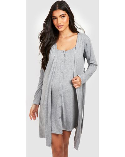 Boohoo Maternity Button Front Nightie And Robe - White