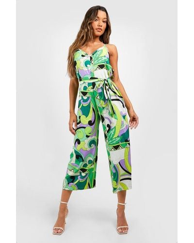 Boohoo Printed Woven Strappy Culotte Jumpsuit - Green