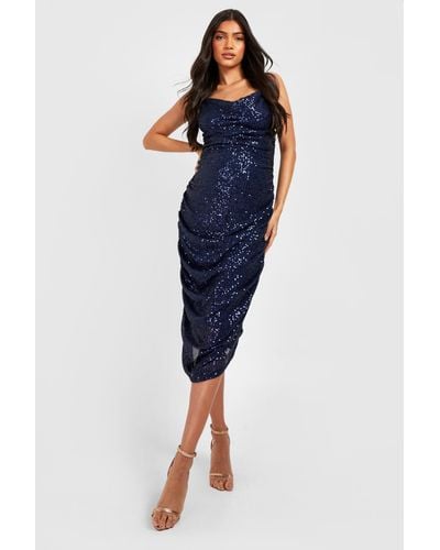 Boohoo Maternity Sequin Cowl Neck Ruched Midi Dress - Blue