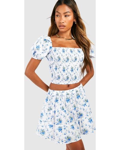 Boohoo Ditsy Floral Tiered Mini Skirt - Blue