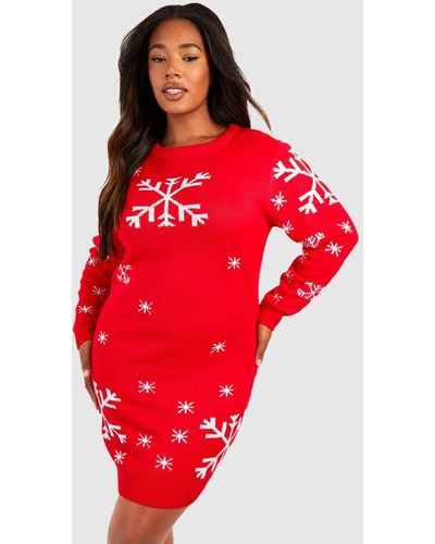 Boohoo Plus Snowflake Christmas Sweater Dress - Red