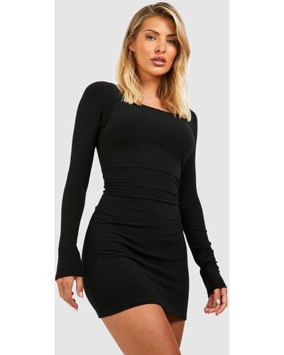 Boohoo Soft Rib Square Neck Long Sleeve Mini Dress - Black