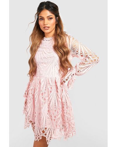 Boohoo High Neck Flared Sleeve Lace Skater Dress - Pink