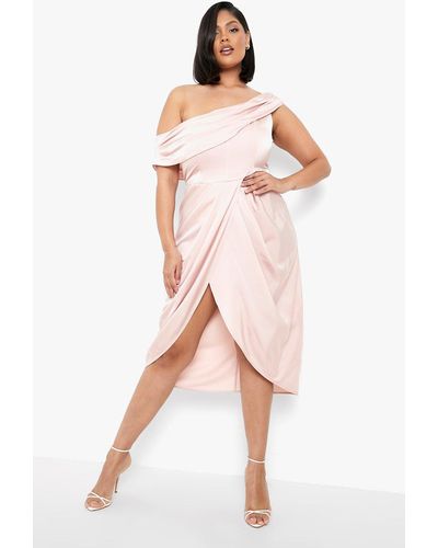 Boohoo Plus Satin Corset One Shoulder Wrap Midi Dress - Pink