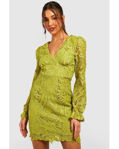 Boohoo Premium Lace Blouson Sleeve Mini Dress - Green
