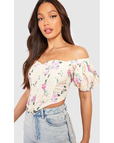 Boohoo Tall Woven Boned Off The Shoulder Floral Corset Top - White