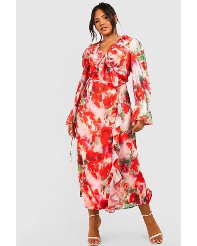Boohoo Plus Floral Ruffle Wrap Dress - Red