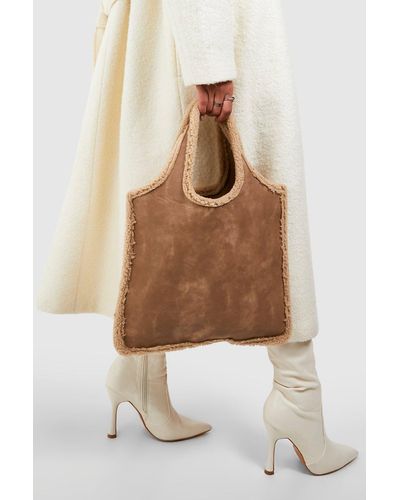 Boohoo Shearling Edge Tote Bag - Brown