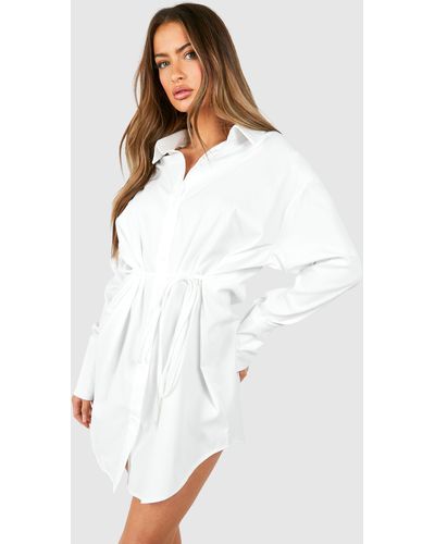 Boohoo Cinched Waist Shoulder Pad Shirt Dress - White