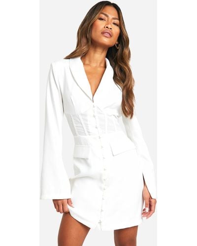 Boohoo Fitted Corset Waist Tailored Blazer Dress - White