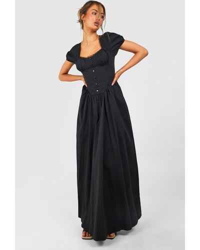 Boohoo Cotton Puff Sleeve Maxi Milkmaid Dress - Black