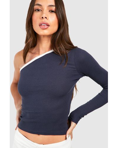 Boohoo Top De Canalé Premium Con Un Hombro Descubierto - Azul