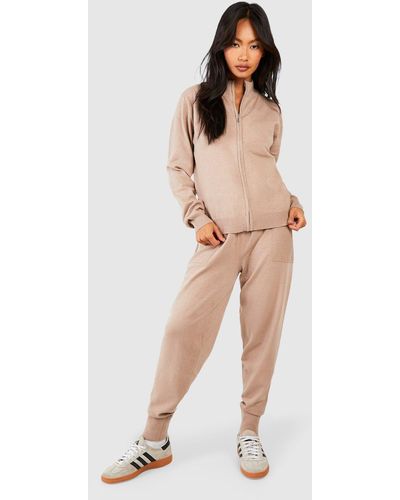 Boohoo Zip Neck Knitted Sweater And Trouser Set - Natural