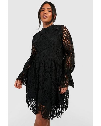 Boohoo Plus Flared Sleeve Lace Skater Dress - Black