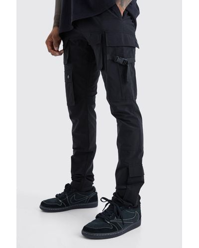 Boohoo Elasticated Waist Slim Multi Cargo Strap Trouser - Black