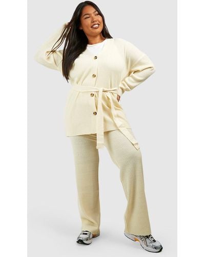 Boohoo Plus Slouchy Belted Cardigan And Wide Leg Knit Set - Natural