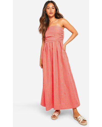 Boohoo Gingham Ruched Bandeau Midaxi Dress - Red