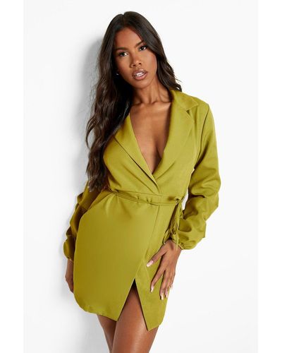 Boohoo Ruched Sleeve Wrap Front Blazer Dress - Yellow