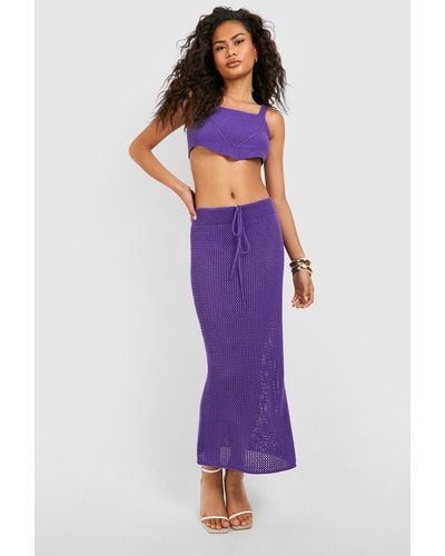Boohoo Crochet Corset Hem Crop Top And Maxi Skirt Set - Purple