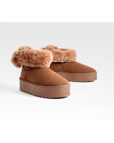 Boohoo Fur Trim Platform Mini Cozy Boots - Brown