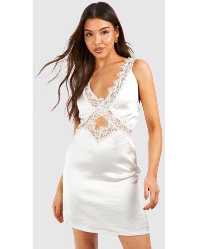 Boohoo Satin Lace Trim Mini Slip Dress - White