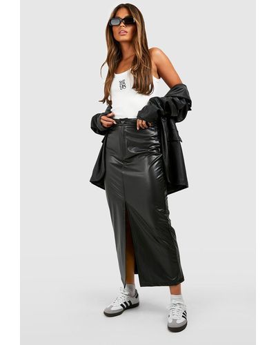 Boohoo Leather Look Super Stretch Split Midaxi Skirt - Black
