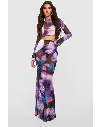 Boohoo Tall Floral Mesh Maxi Skirt - Purple