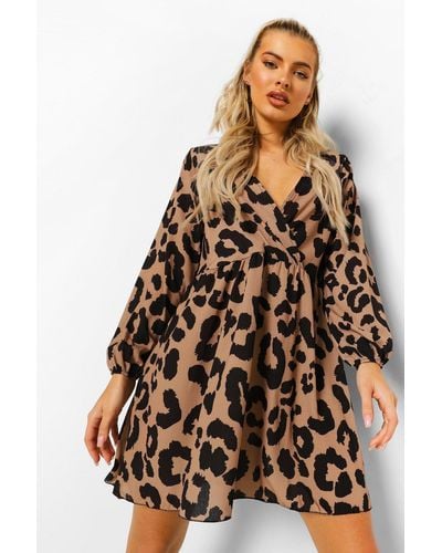 Boohoo Leopard Wrap Front Smock Dress - Brown