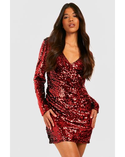 Boohoo Tall Wrap Over Sequin Dress - Red
